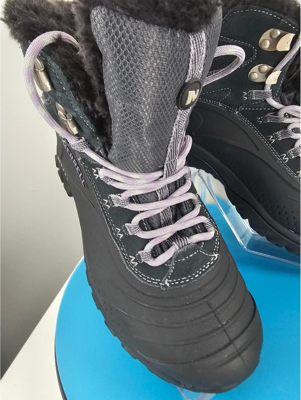 Merrell Women's Winter Waterproof Hiking Boots Black/Gray with Purple Laces